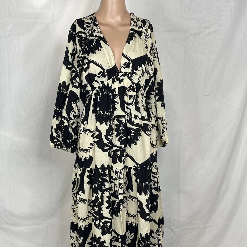 ba&sh Ferae Midi Dress • Size 1 / US S • Cream & Black • Printed Long Sleeve